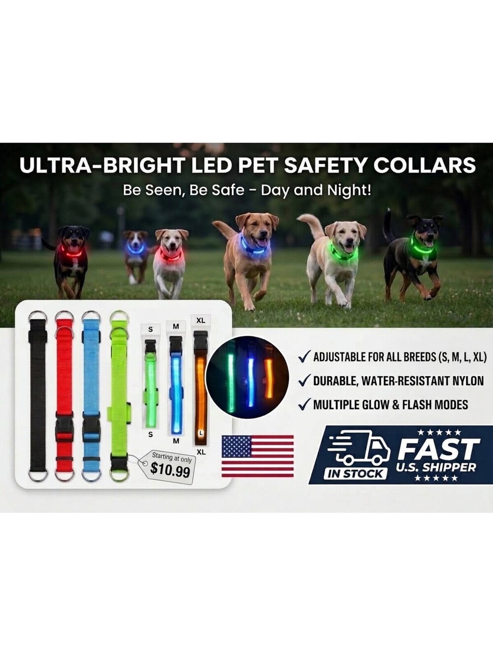 USB Rechargeable LED Dog Collar Adjustable Light Up Night Safety Collar Gift New
